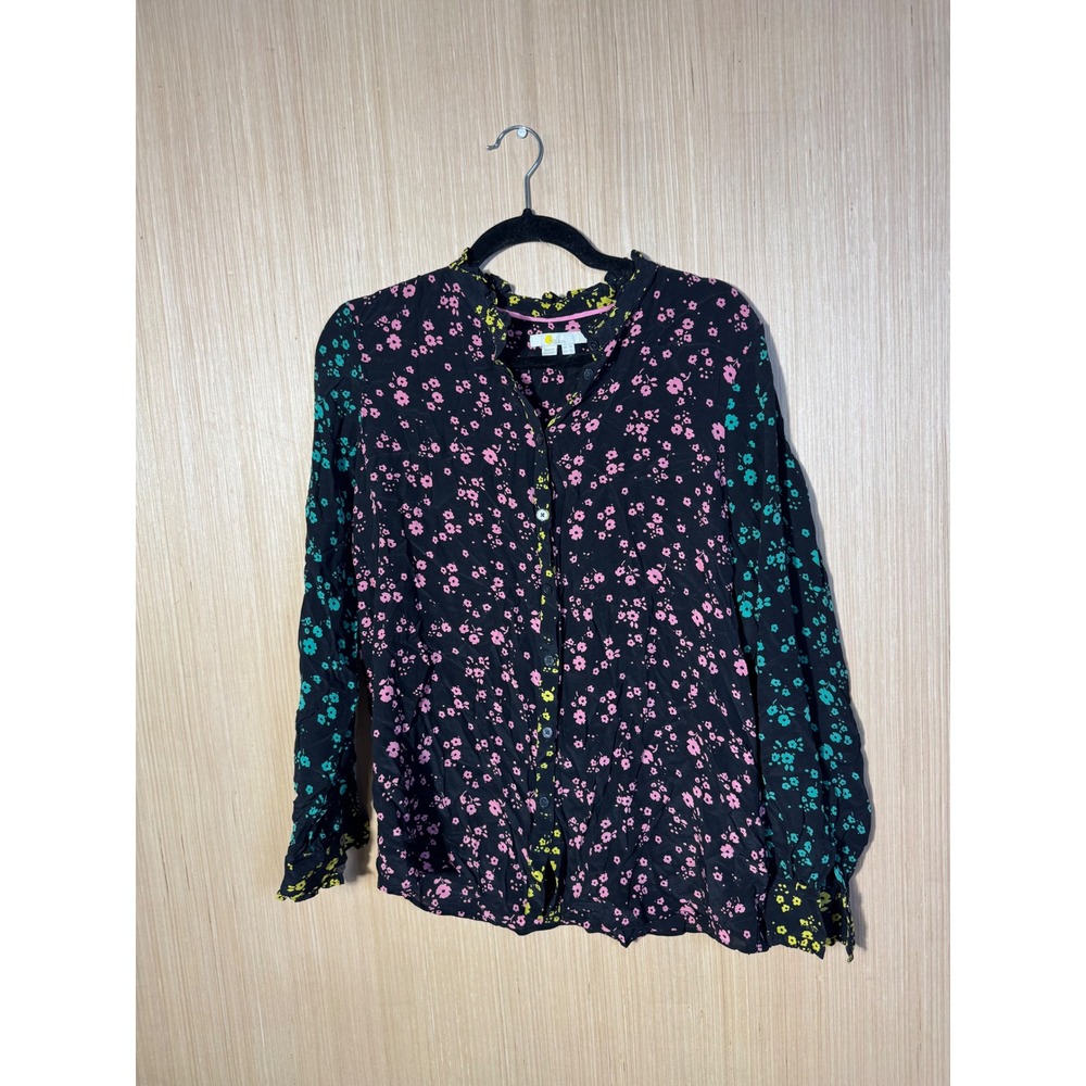 Boden US 12 Mixed Floral Ruffle Neck Silk Button Down Blouse Black Pink Teal